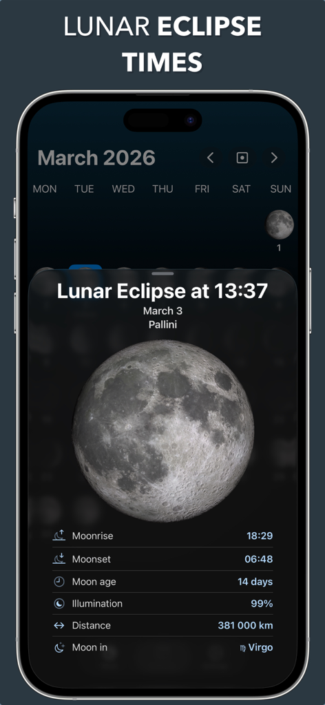 Lunar - Moon Phase & Widget - 2026年3月の月食の時間と詳細な3Dの月の情報を表示するLunar月相アプリのインターフェース