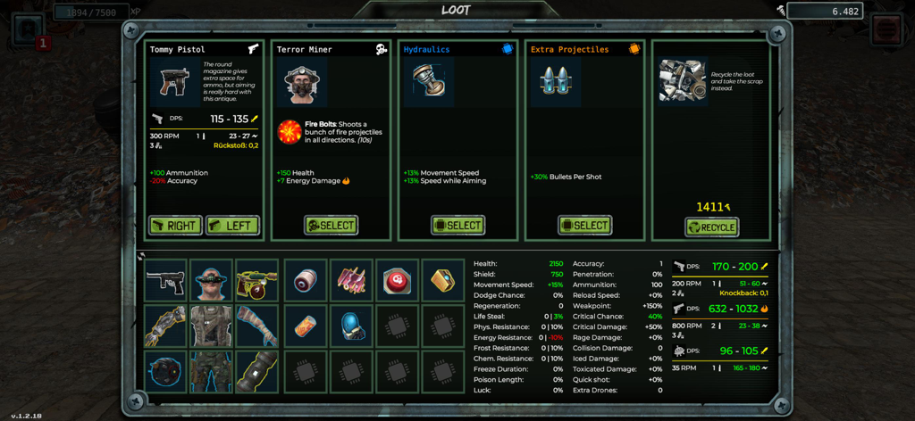 Scrappage‎ - Loot and character equipment screen in Scrappage showing item upgrades and player statistics