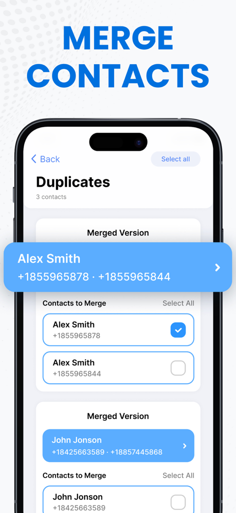 Cleanup Master Storage Cleaner - Interfaz de la aplicación Cleanup Master que muestra la función de fusión de contactos para eliminar entradas de teléfono duplicadas.