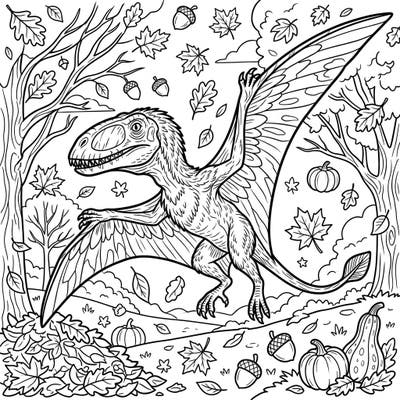 Embark on a prehistoric autumn adventure with this stunning Dimorphodon coloring page. Explore a detailed scene brimming with fall leaves, pumpkins, and an ancient flying reptile awaiting your creative touch.