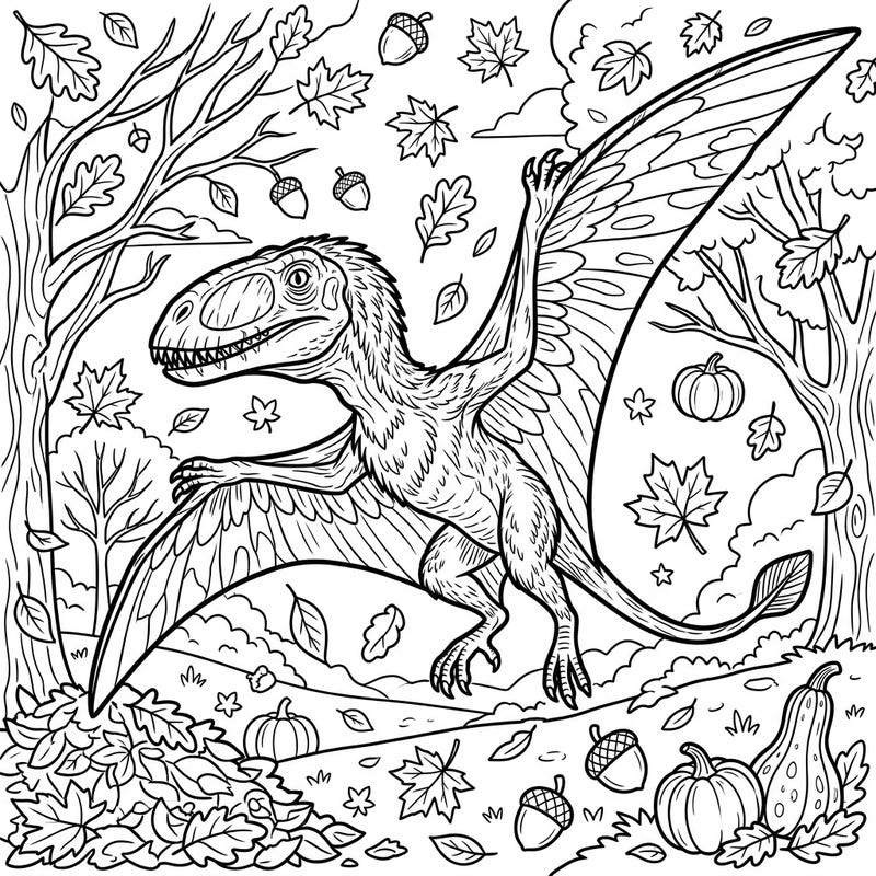 Embark on a prehistoric autumn adventure with this stunning Dimorphodon coloring page. Explore a detailed scene brimming with fall leaves, pumpkins, and an ancient flying reptile awaiting your creative touch.