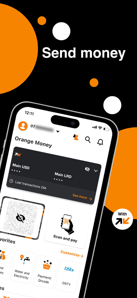 Interfaz de la aplicación Orange Max it Liberia para enviar dinero y gestionar la cuenta de Orange Money