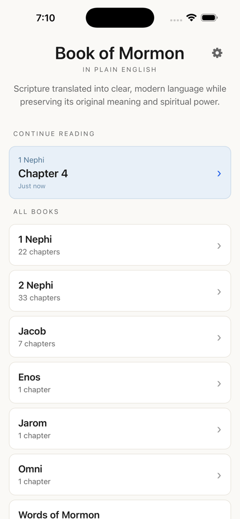 Plain English Book of Mormon - Main interface of the Plain English Book of Mormon app featuring a clean list of scripture books.
