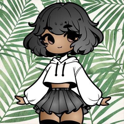 cute femboy with short, fluffy hair that softly frames their face, wearing a cropped hoodie, paired with a flouncy short skirt, and thigh-high stockings