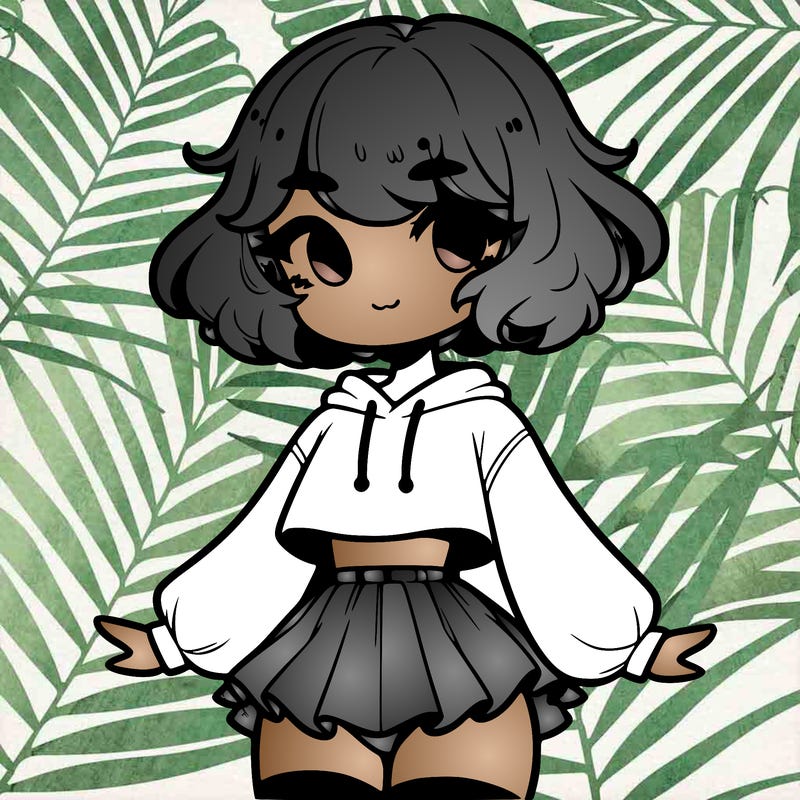 cute femboy with short, fluffy hair that softly frames their face, wearing a cropped hoodie, paired with a flouncy short skirt, and thigh-high stockings