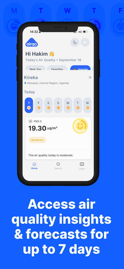 AirQo - Air Quality - Interface de l'application mobile AirQo montrant une lecture de qualité de l'air modérée et une prévision sur sept jours