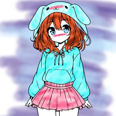 pretty anime girl wearing a fluffy hoodie with bunny ears on the hood and a skirt