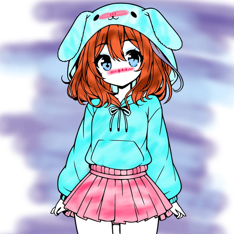 pretty anime girl wearing a fluffy hoodie with bunny ears on the hood and a skirt