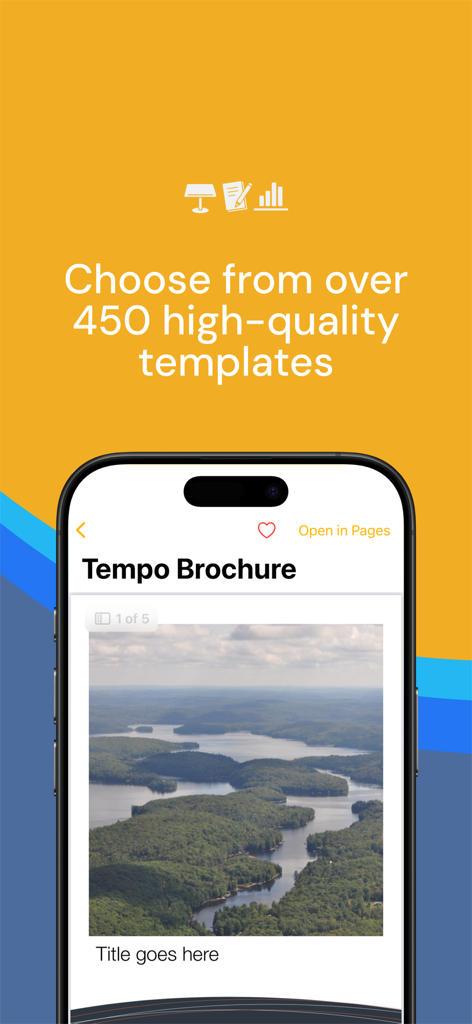 Templates for iWork Bundle Ed. - Captura de pantalla de la aplicación Plantillas para iWork que muestra una selección de plantillas de folletos profesionales en un iPhone