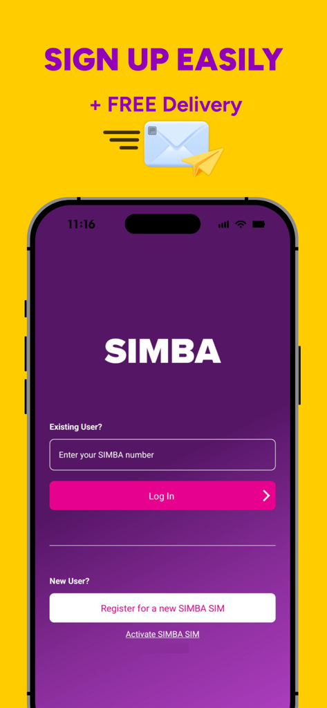 Login and registration screen of the My SIMBA mobile app