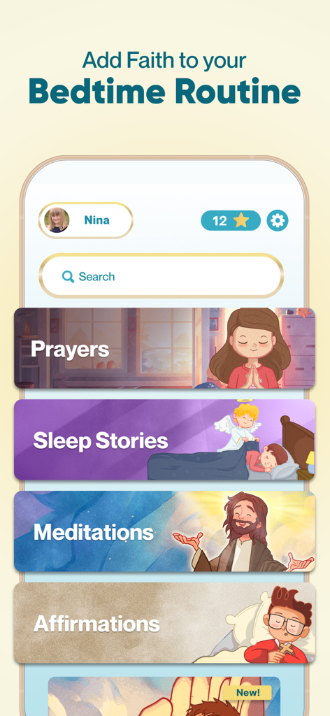 Theo: Prayer & Meditation - Interfaz de la aplicación Theo que muestra categorías de meditación de oración e historias para dormir para niños