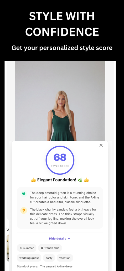 FashionVue - FashionVue app interface displaying a personalized style score of 68 with detailed AI fashion advice for an emerald green dress look.