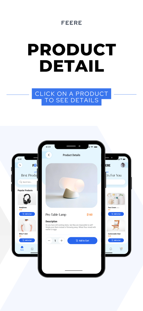 Feere app interface showing product details for a table lamp with an add to cart button