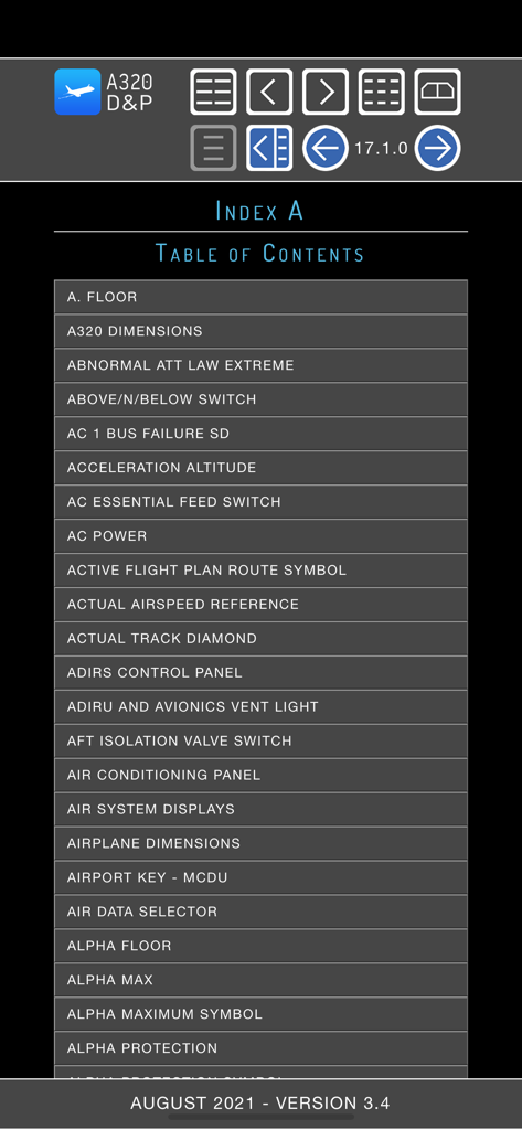 Table of contents index for the A320 Displays and Panels pilot training app