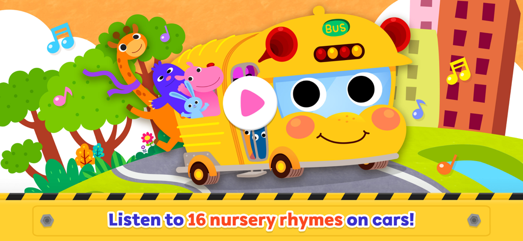 Cartoon yellow school bus with animal characters and a caption about 16 nursery rhymes on cars