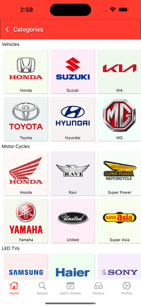 CSD HirePurchase app screen showing vehicle motorcycle and LED TV brand categories