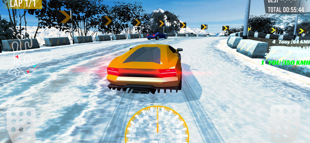 Mountain Race - Real Racing - A yellow sports car racing on a snowy mountain road with mountains in the background