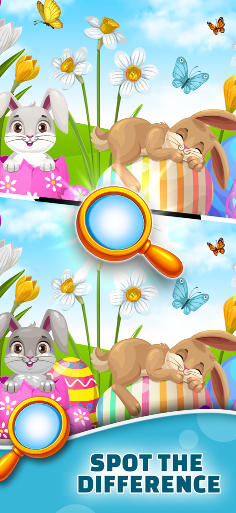 Differences Game - Find & Spot - Colorful cartoon Easter scene featuring rabbits and eggs for a spot the difference game