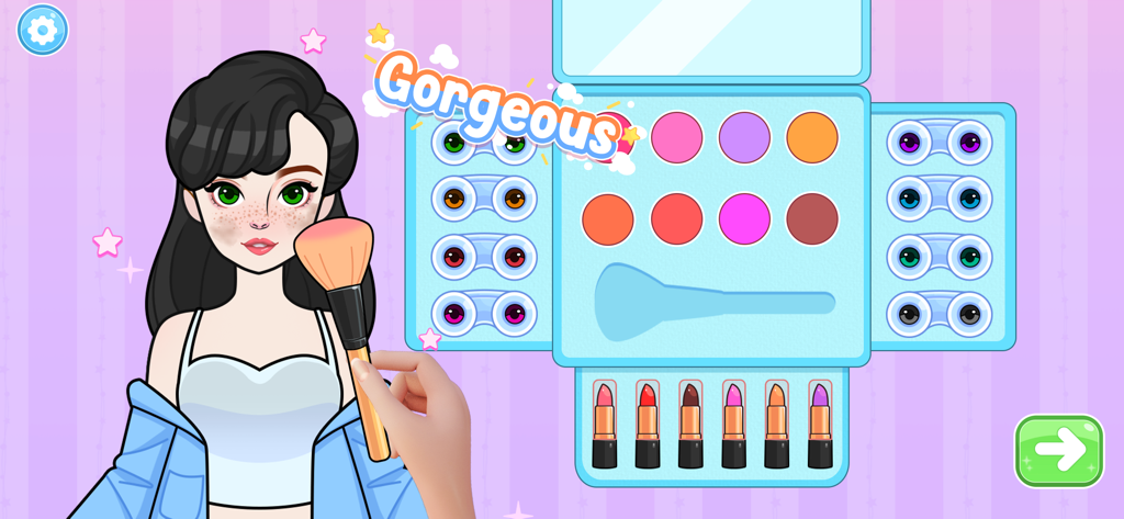 Una muñeca de papel digital recibiendo un cambio de imagen con varias opciones cosméticas