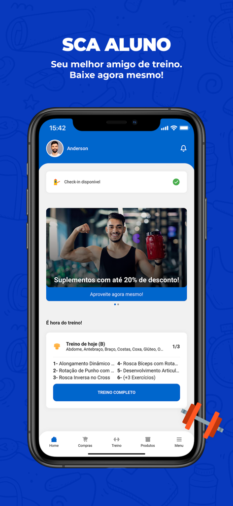 SCA Aluno app home screen showing a user dashboard with daily workout plans and gym promotions.