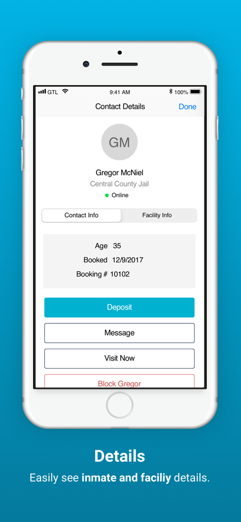 GettingOut - Smartphone screen showing inmate contact and facility details in the GettingOut app