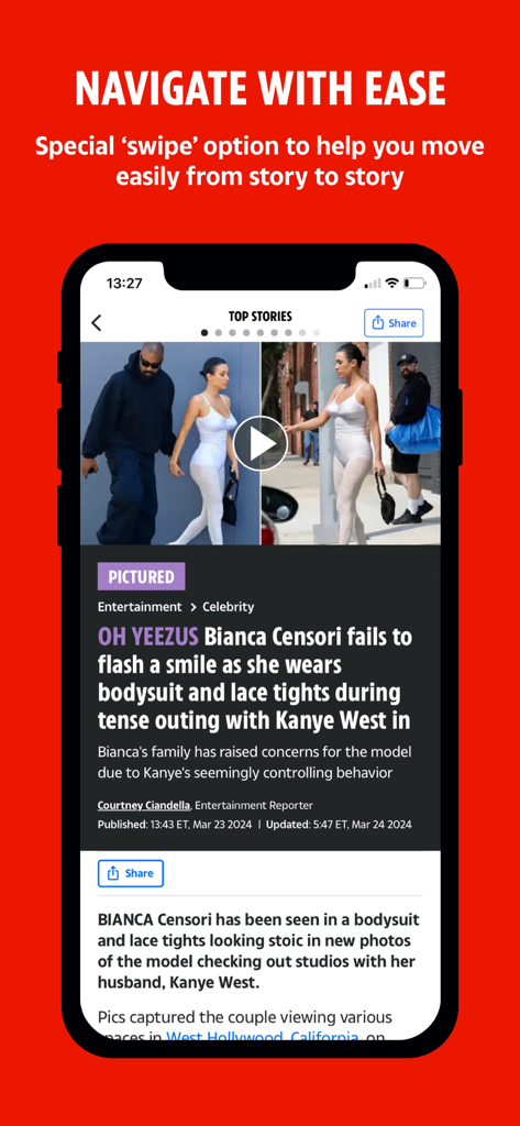 The US Sun app screen showing a celebrity news story and easy swipe navigation