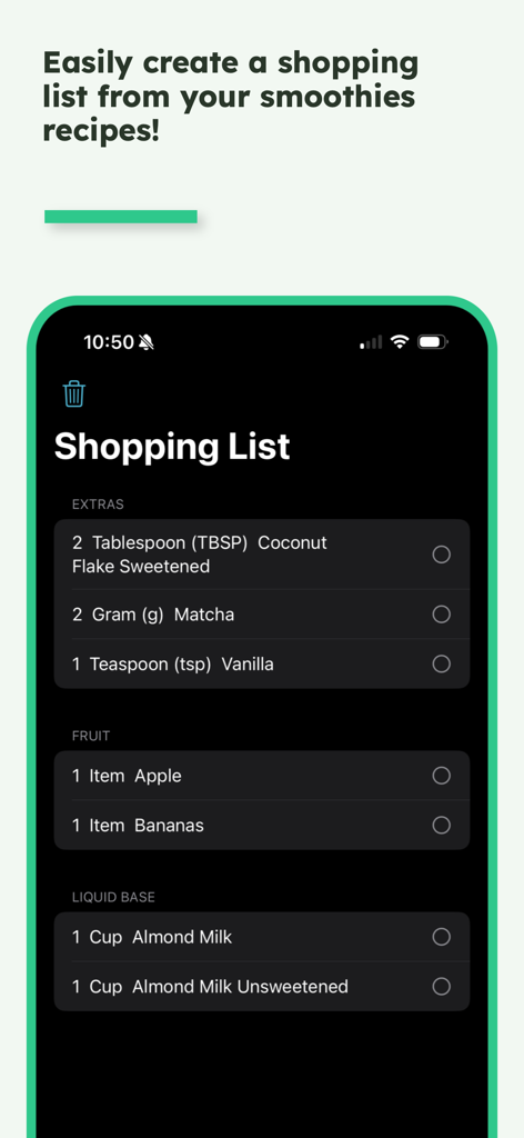 食事準備のためのカテゴリ分けされた材料買い物リストが表示されたSimply Smoothiesアプリのモバイルインターフェース