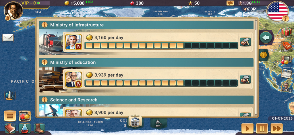 MA 3 – President Simulator - Gameplay-Screenshot von MA 3 President Simulator, der das Ministeriumsverwaltungsmenü für Infrastruktur, Bildung und Wissenschaft zeigt