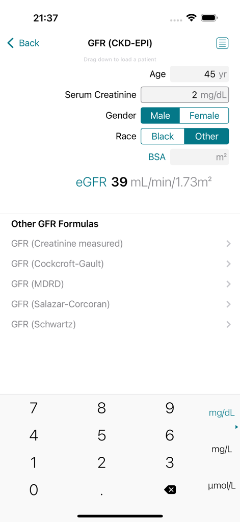 MedCalX mobile app interface showing a GFR CKD-EPI calculation screen for kidney function assessment.