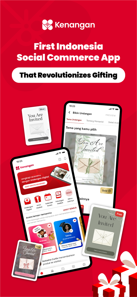 Kenangan.com - Interface de l'application de cadeaux de commerce social Kenangan montrant des invitations numériques et des fonctionnalités de cadeaux de groupe sur des écrans mobiles
