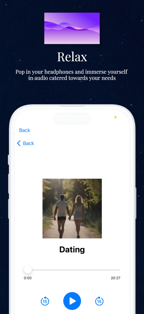 Captura de tela do aplicativo Hormone Helper mostrando o recurso Relax com um reprodutor de áudio tocando uma sessão sobre namoro.