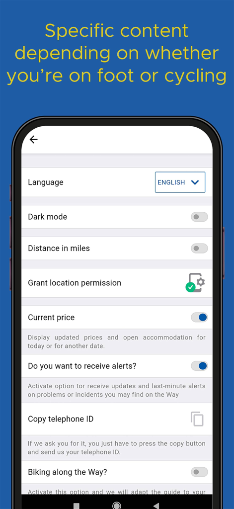 Settings screen of the Buen Camino app showing options for language dark mode distance in miles and a biking toggle.