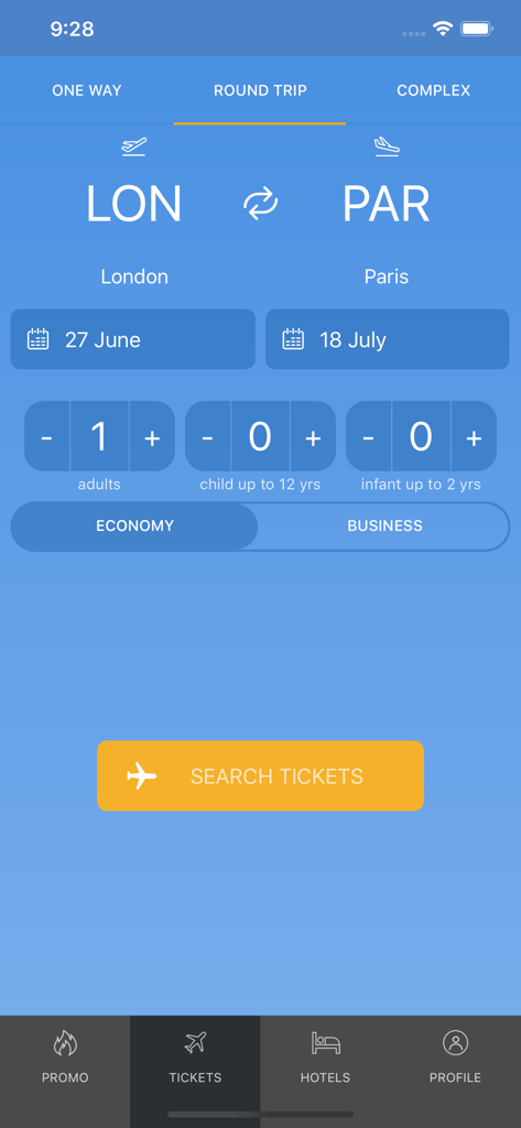 City Travel flight search screen for round trip tickets