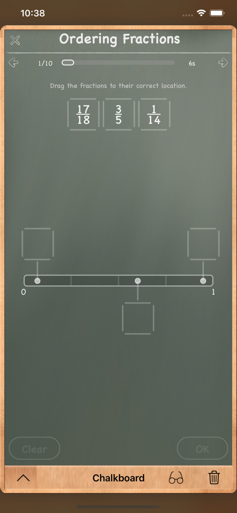 MathBoard Fractions - Ejercicio de ordenación de fracciones en una interfaz de pizarra digital en la aplicación MathBoard Fractions.