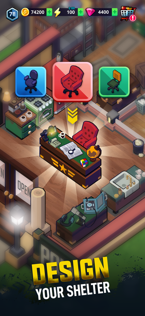 Interface showing furniture customization for designing a shelter in the Merge 2 Survive mobile game