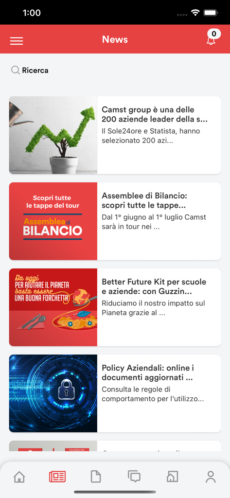 Camst People - News feed screen in the Camst People app showing company articles and corporate updates