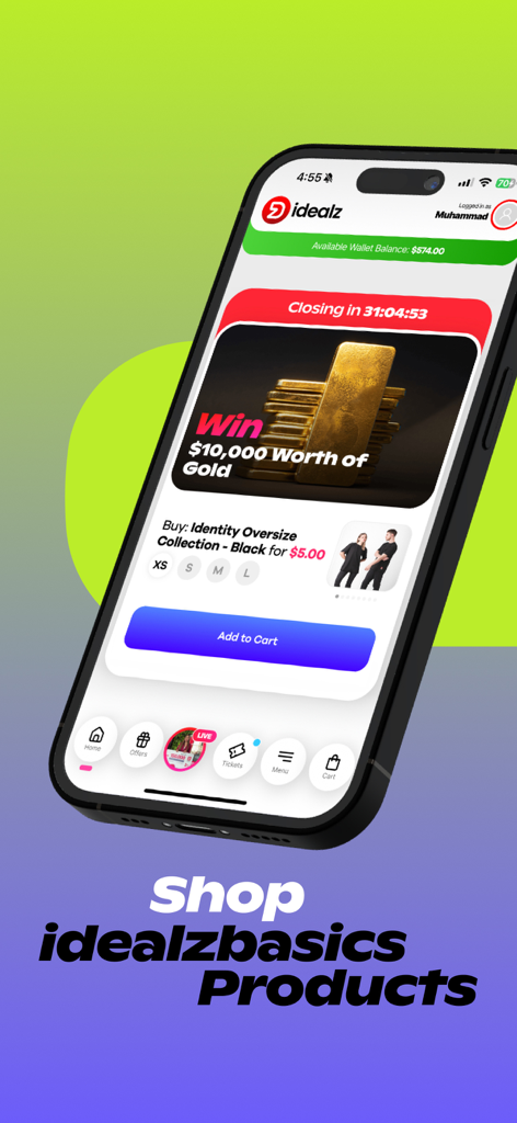 Idealz | Lebanon - Smartphone screen displaying the Idealz Lebanon app with a shop and win campaign for ten thousand dollars in gold.