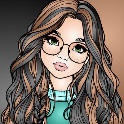 girl with long hair and freckles and glasses realistic