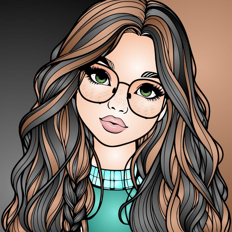 girl with long hair and freckles and glasses realistic