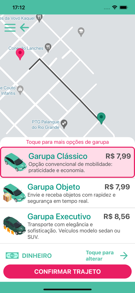 Garupa app screen showing ride options and map route.