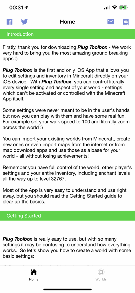 Plug Toolbox for Minecraft - Home screen of the Plug Toolbox for Minecraft app showing the introduction text and a getting started guide