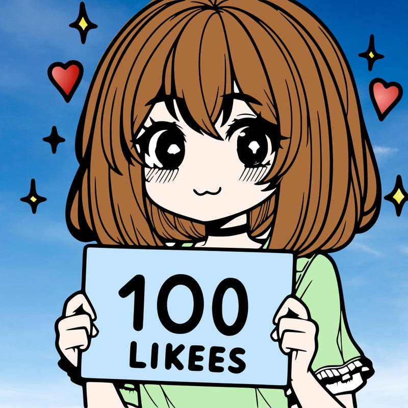 anima girl holding a 100 likes sign in her hand