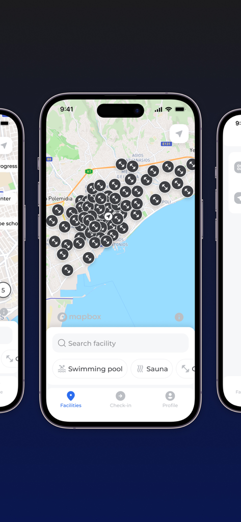 Interfaz de la aplicación Sportbenefit mostrando un mapa de instalaciones de fitness con filtros de búsqueda para piscinas y saunas.