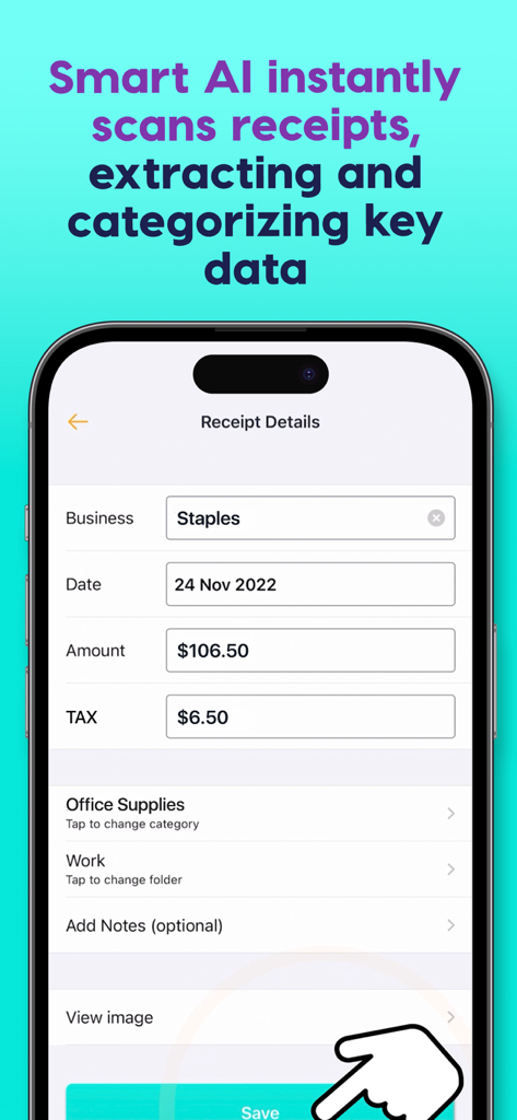 Crunchr – Receipt Saver App - Crunchr app interface displaying receipt details extracted by AI including business name date and total amount.