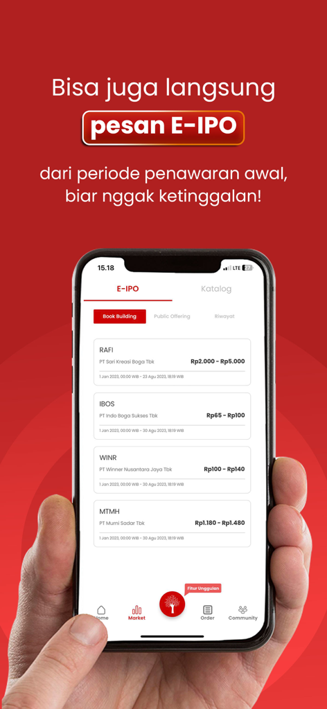 Saham Rakyat - Saham Rakyat app interface displaying available E-IPO stocks and initial offering price ranges