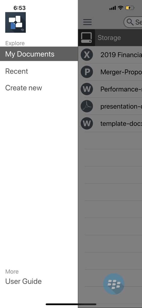 BlackBerry Edit mobile app interface displaying the navigation drawer with options for My Documents and Recent files
