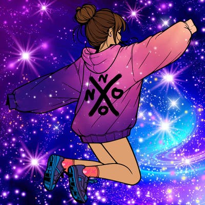 realistic girl jumping with a bun and oversized sweatshirt