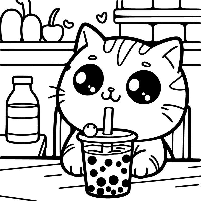 a cat drinking boba tea at a cafe