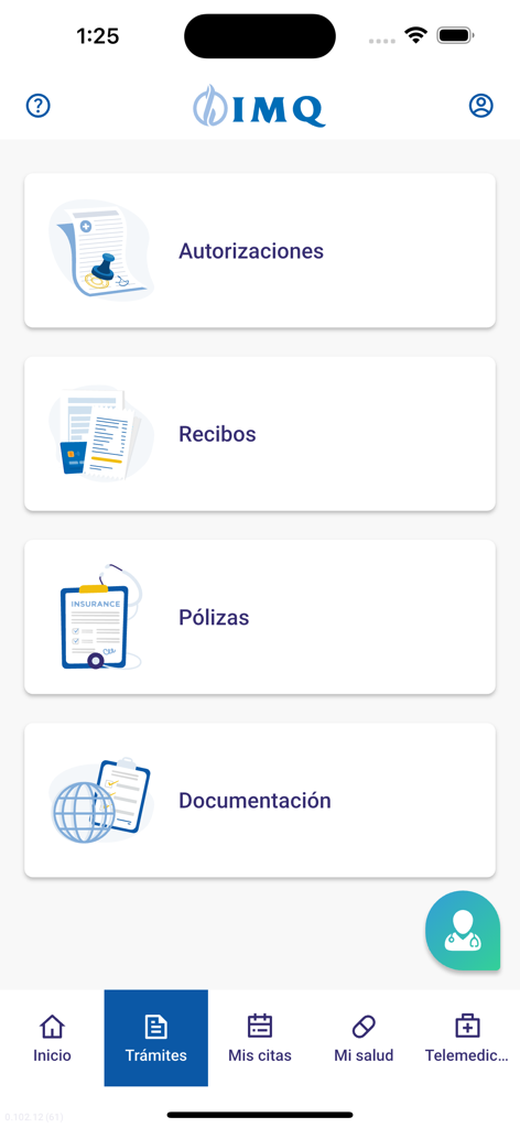 IMQ app interface showing health insurance procedures like authorizations and receipts