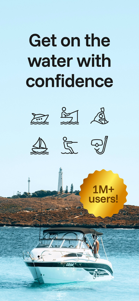 A motorboat on clear blue water with text saying Get on the water with confidence and icons for various water sports